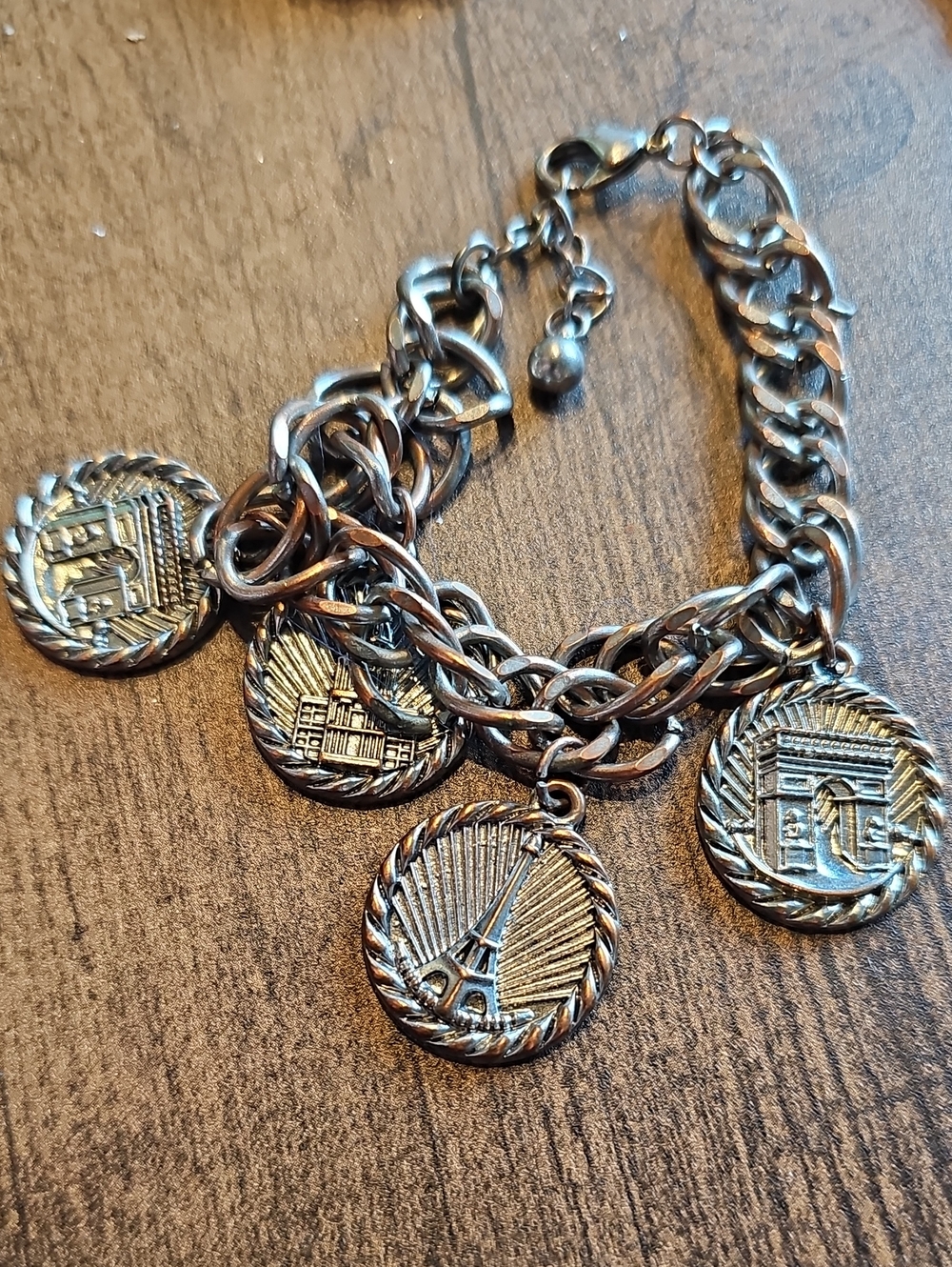 Vintage French Coin Charm Bracelet with Architectural Charms - Silver Tone